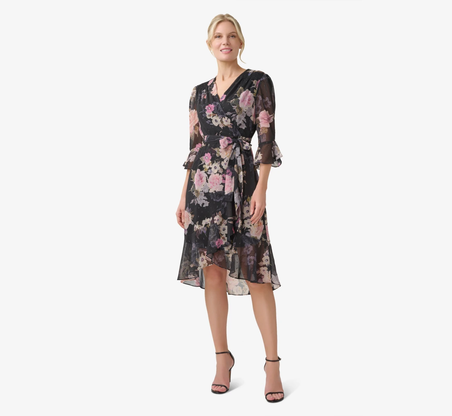 Adrianna Papell Metallic Floral-Print Chiffon Short Wrap Dress In Black Multi 6 Adrianna Papell Metallic Floral-Print Chiffon Short Wrap Dress In Black Multi - Image 6
