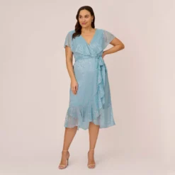Adrianna Papell Plus Size Floral Metallic Stencil Midi-Length Mermaid Dress With Capelet In Light Blue
