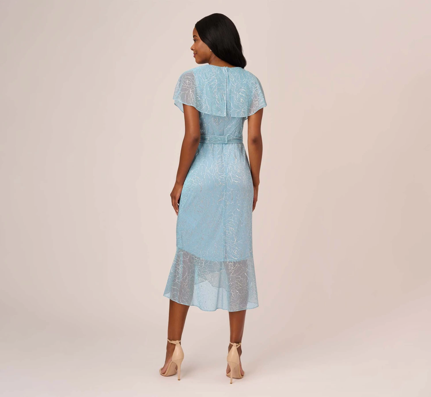 Adrianna Papell Floral Metallic Stencil Midi-Length Mermaid Dress With Capelet In Light Blue 4 Adrianna Papell Floral Metallic Stencil Midi-Length Mermaid Dress With Capelet In Light Blue - Image 4