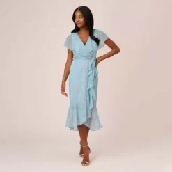 Adrianna Papell Floral Metallic Stencil Midi-Length Mermaid Dress With Capelet In Light Blue