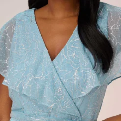 Adrianna Papell Floral Metallic Stencil Midi-Length Mermaid Dress With Capelet In Light Blue 9 Adrianna Papell Floral Metallic Stencil Midi-Length Mermaid Dress With Capelet In Light Blue -Glam Mirth Sales AP1D104918 AA486 Regular Detail