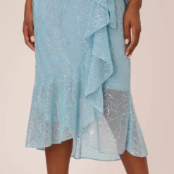 Adrianna Papell Floral Metallic Stencil Midi-Length Mermaid Dress With Capelet In Light Blue 11 Adrianna Papell Floral Metallic Stencil Midi-Length Mermaid Dress With Capelet In Light Blue -Glam Mirth Sales AP1D104918 AA486 Regular Lifestyle