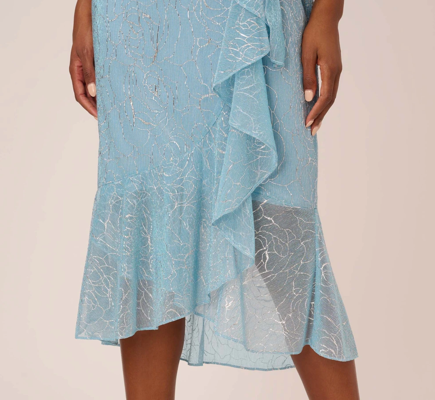 Adrianna Papell Floral Metallic Stencil Midi-Length Mermaid Dress With Capelet In Light Blue 5 Adrianna Papell Floral Metallic Stencil Midi-Length Mermaid Dress With Capelet In Light Blue - Image 5