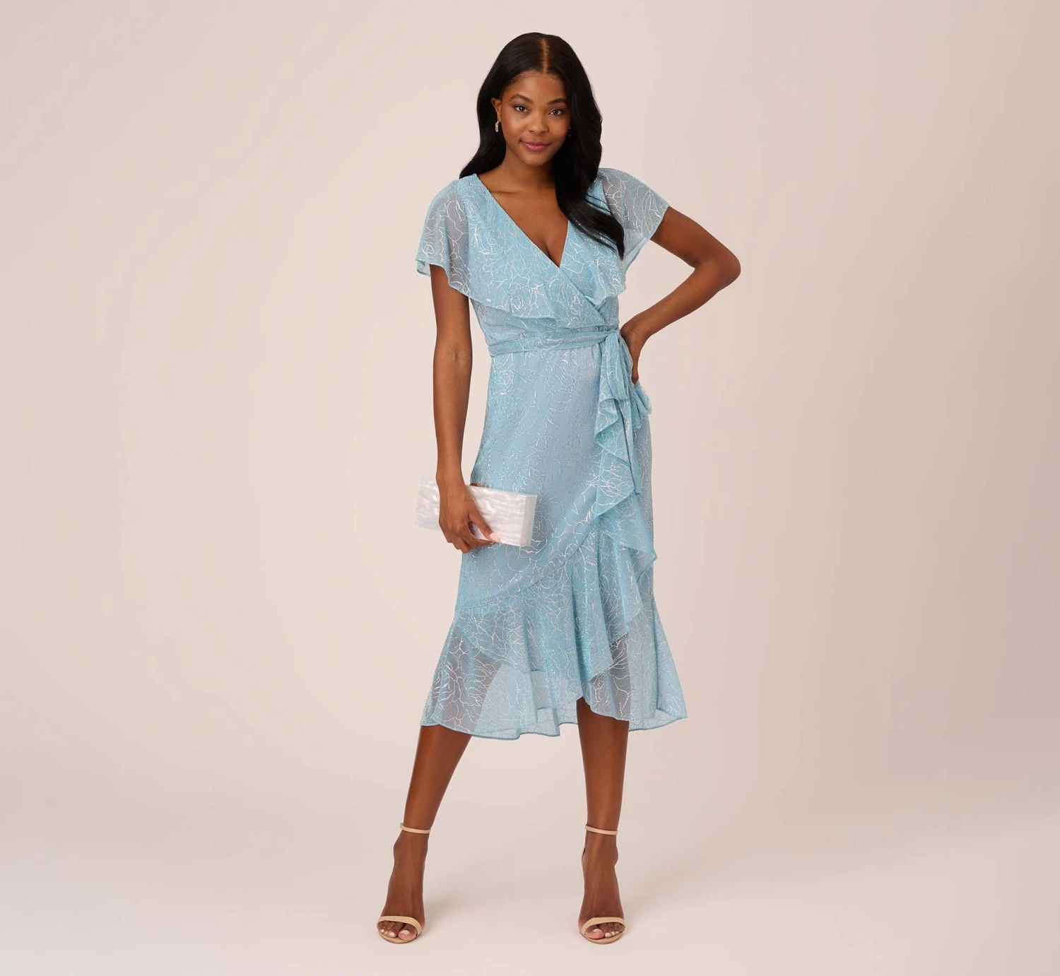 Adrianna Papell Floral Metallic Stencil Midi-Length Mermaid Dress With Capelet In Light Blue 2 Adrianna Papell Floral Metallic Stencil Midi-Length Mermaid Dress With Capelet In Light Blue - Image 2