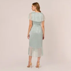 Adrianna Papell Floral Metallic Stencil Midi-Length Mermaid Dress With Capelet In Sea Glass 10 Adrianna Papell Floral Metallic Stencil Midi-Length Mermaid Dress With Capelet In Sea Glass -Glam Mirth Sales AP1D104918 AD480 Regular Back
