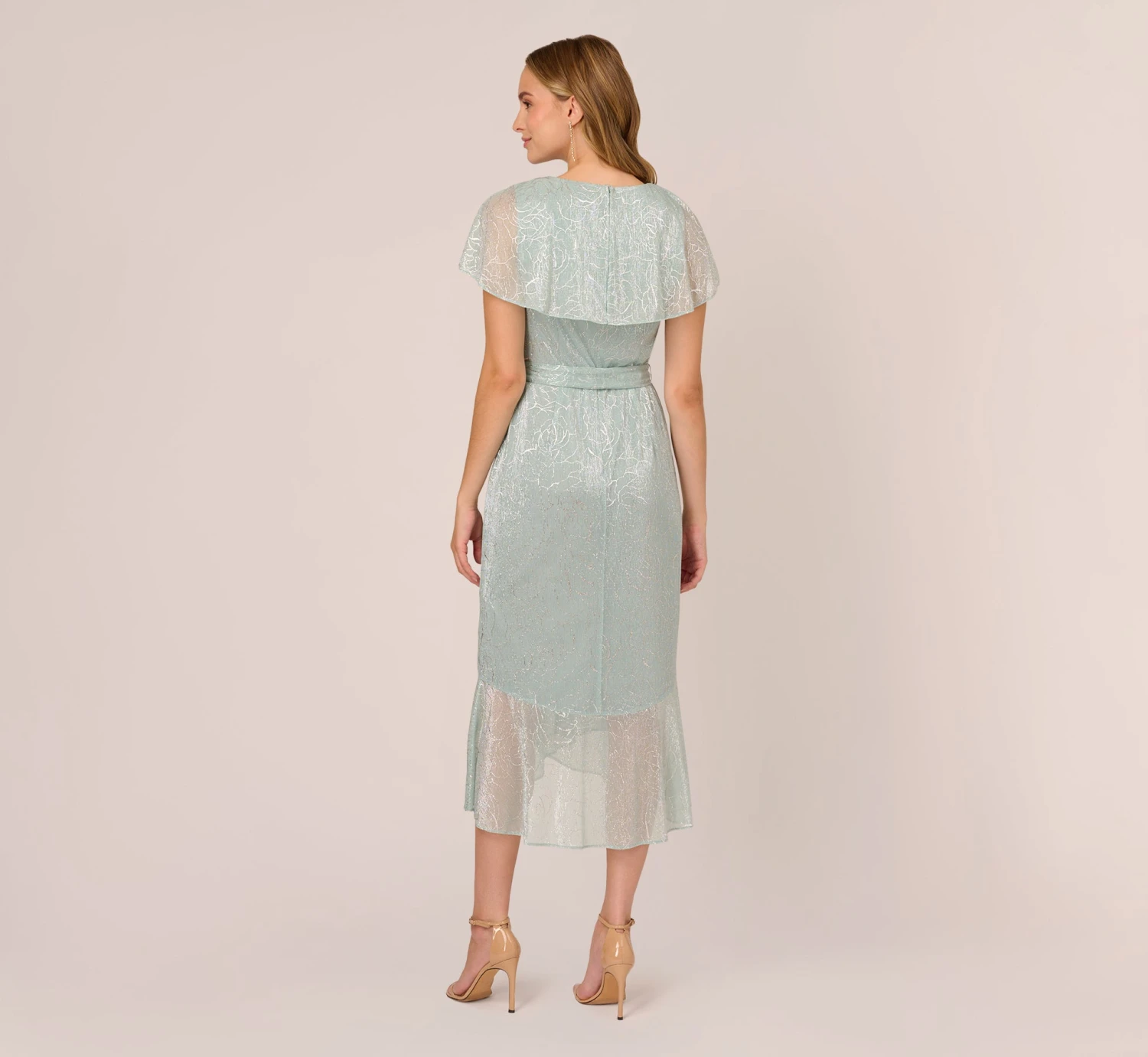 Adrianna Papell Floral Metallic Stencil Midi-Length Mermaid Dress With Capelet In Sea Glass 5 Adrianna Papell Floral Metallic Stencil Midi-Length Mermaid Dress With Capelet In Sea Glass - Image 5