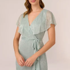 Adrianna Papell Floral Metallic Stencil Midi-Length Mermaid Dress With Capelet In Sea Glass 8 Adrianna Papell Floral Metallic Stencil Midi-Length Mermaid Dress With Capelet In Sea Glass -Glam Mirth Sales AP1D104918 AD480 Regular Detail