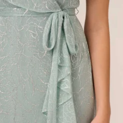 Adrianna Papell Floral Metallic Stencil Midi-Length Mermaid Dress With Capelet In Sea Glass 9 Adrianna Papell Floral Metallic Stencil Midi-Length Mermaid Dress With Capelet In Sea Glass -Glam Mirth Sales AP1D104918 AD480 Regular Lifestyle