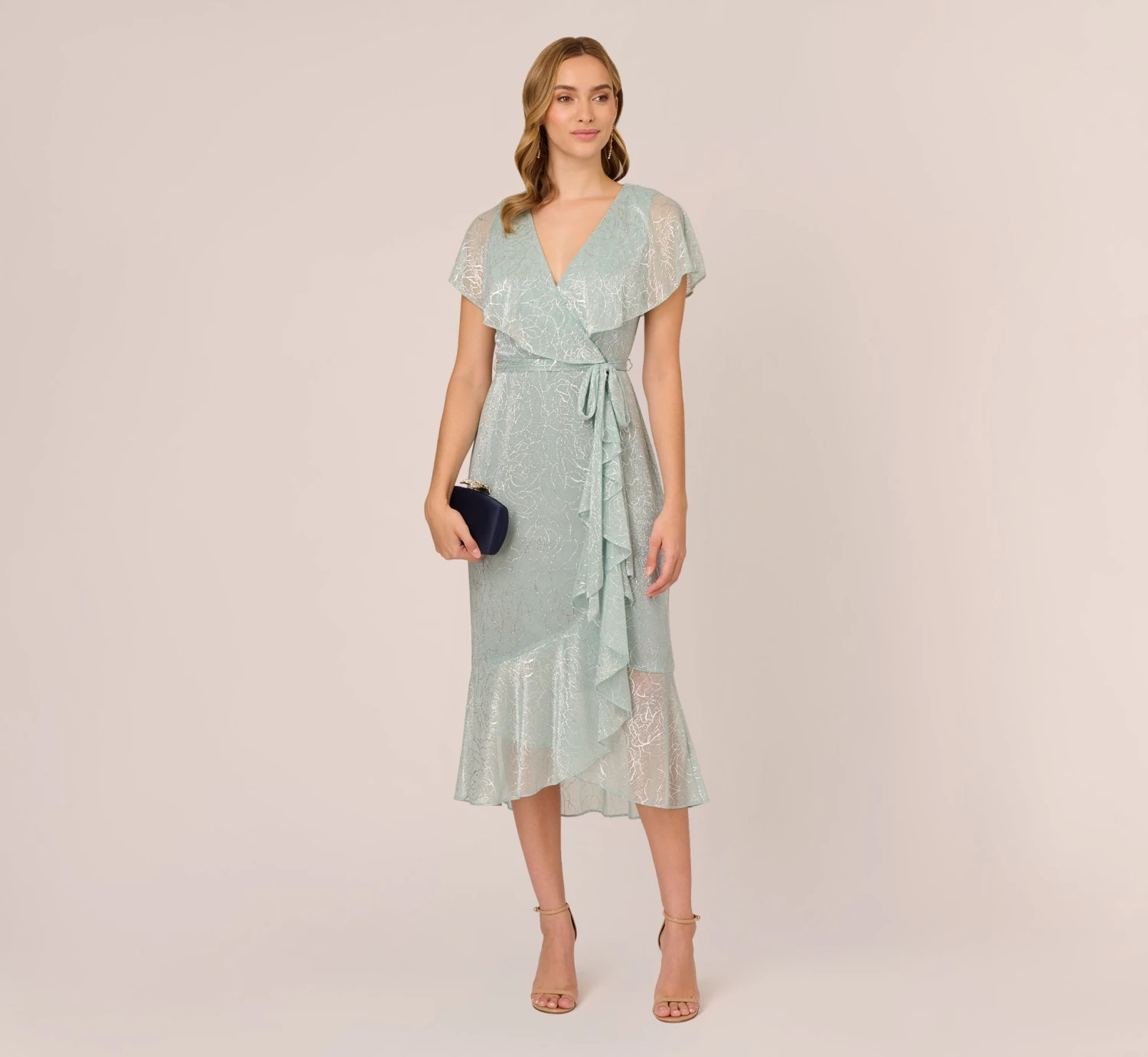 Adrianna Papell Floral Metallic Stencil Midi-Length Mermaid Dress With Capelet In Sea Glass 2 Adrianna Papell Floral Metallic Stencil Midi-Length Mermaid Dress With Capelet In Sea Glass - Image 2