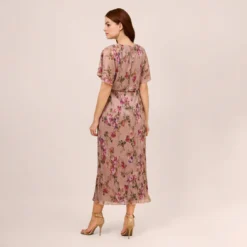 Adrianna Papell Floral-Print Metallic Crinkled Mesh Midi-Length Blouson Dress In Rose Multi 10 Adrianna Papell Floral-Print Metallic Crinkled Mesh Midi-Length Blouson Dress In Rose Multi -Glam Mirth Sales AP1D104919 AE590 Regular Back