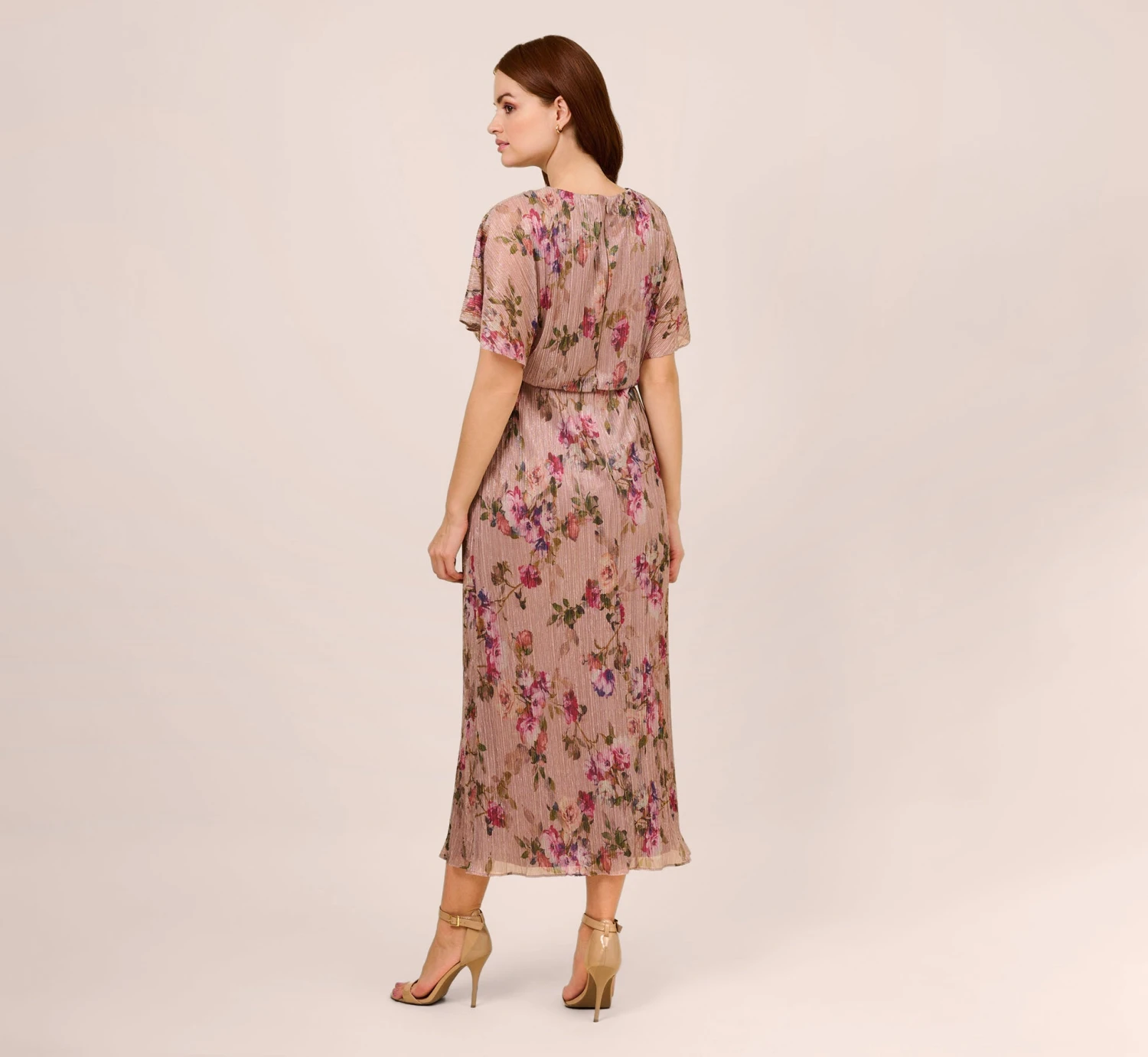 Adrianna Papell Floral-Print Metallic Crinkled Mesh Midi-Length Blouson Dress In Rose Multi 4 Adrianna Papell Floral-Print Metallic Crinkled Mesh Midi-Length Blouson Dress In Rose Multi - Image 4