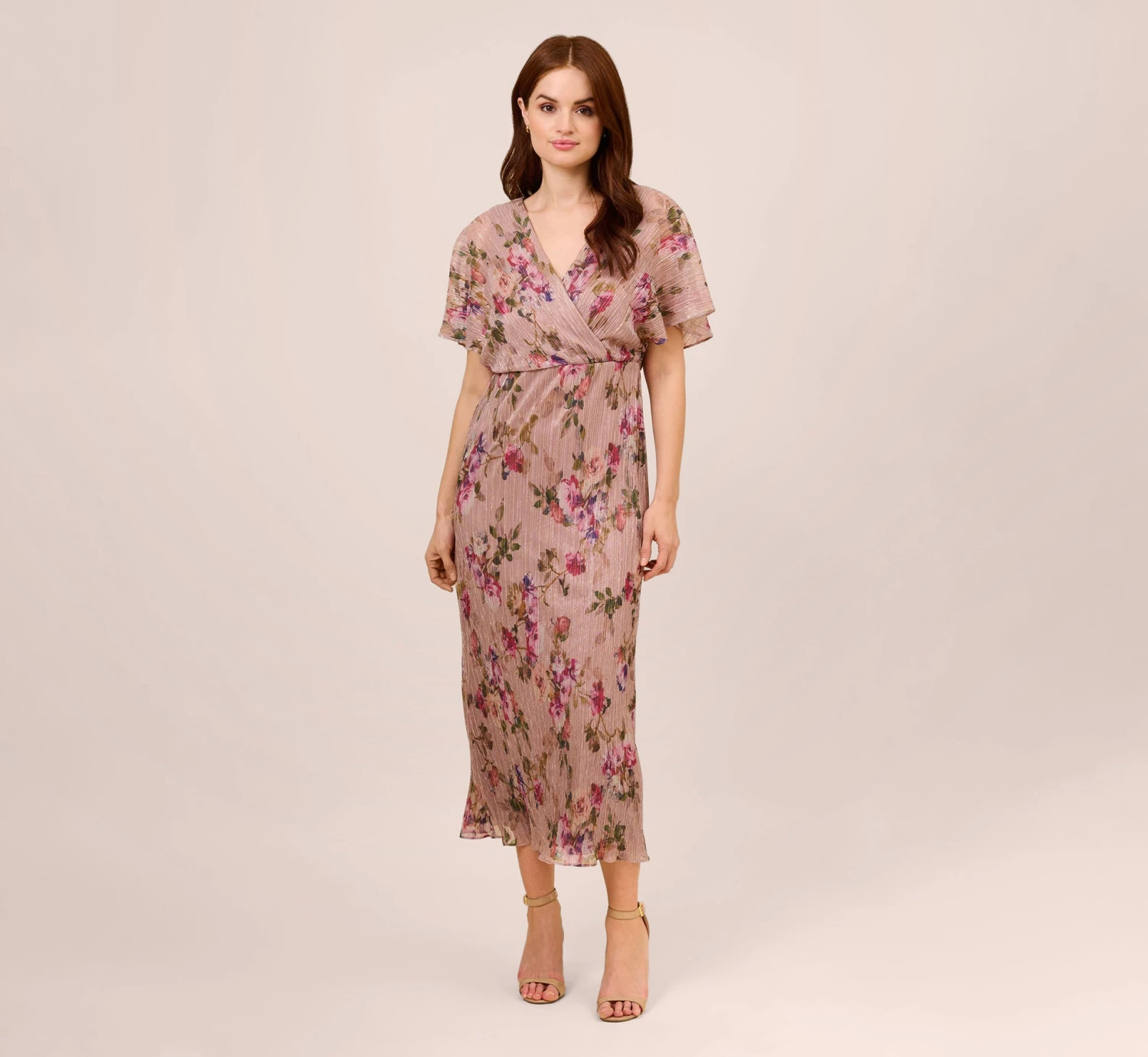 Adrianna Papell Floral-Print Metallic Crinkled Mesh Midi-Length Blouson Dress In Rose Multi 1 Adrianna Papell Floral-Print Metallic Crinkled Mesh Midi-Length Blouson Dress In Rose Multi