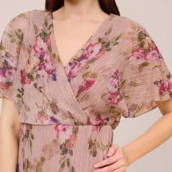 Adrianna Papell Floral-Print Metallic Crinkled Mesh Midi-Length Blouson Dress In Rose Multi 11 Adrianna Papell Floral-Print Metallic Crinkled Mesh Midi-Length Blouson Dress In Rose Multi -Glam Mirth Sales AP1D104919 AE590 Regular Detail