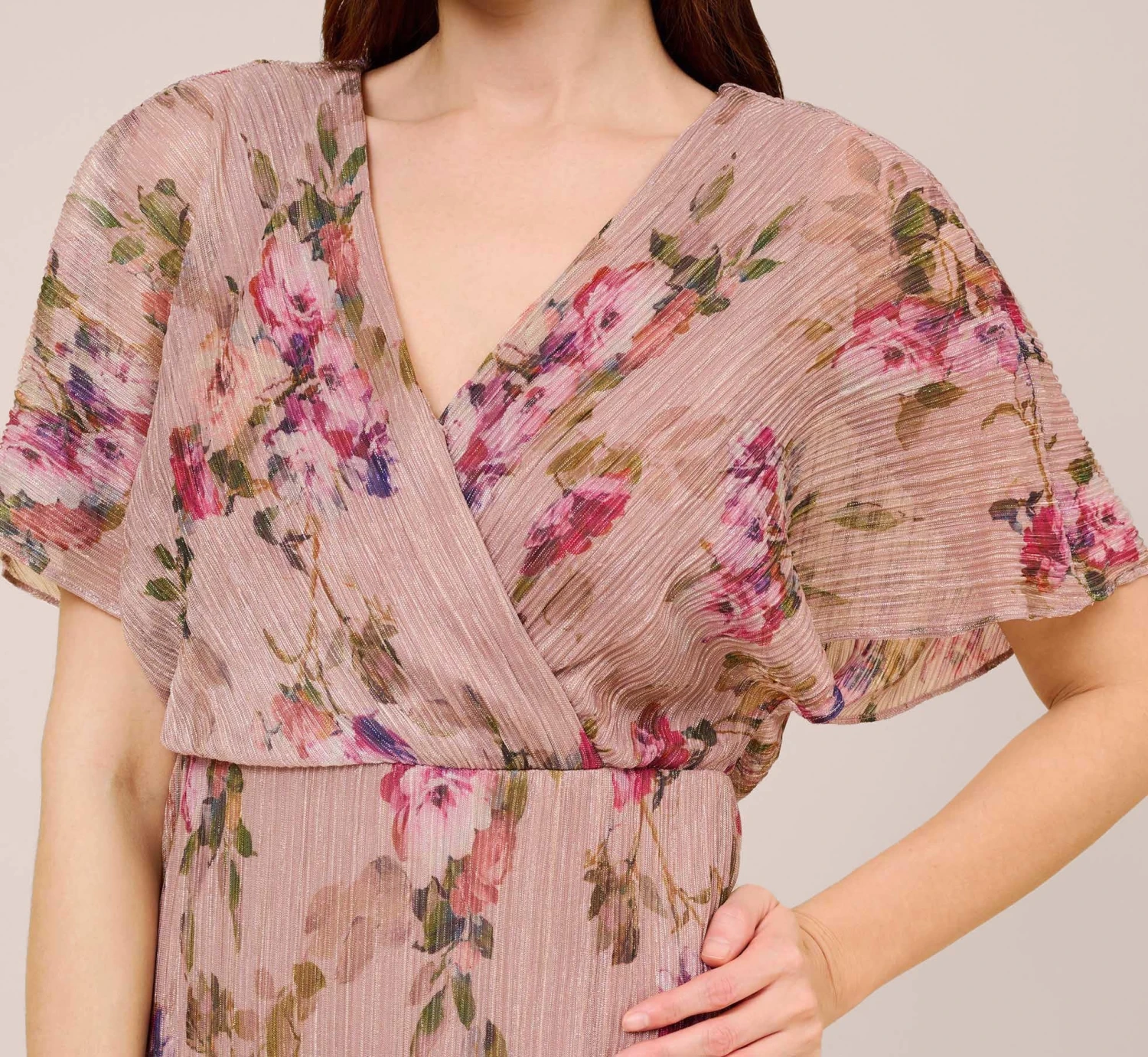 Adrianna Papell Floral-Print Metallic Crinkled Mesh Midi-Length Blouson Dress In Rose Multi 5 Adrianna Papell Floral-Print Metallic Crinkled Mesh Midi-Length Blouson Dress In Rose Multi - Image 5