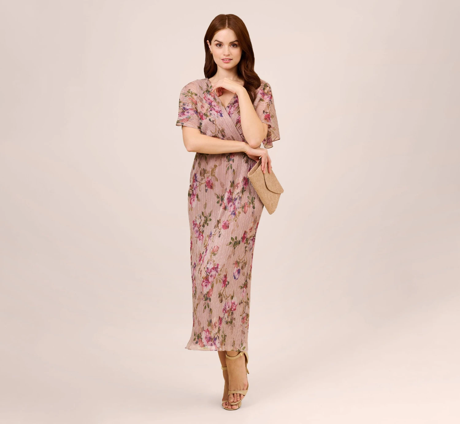 Adrianna Papell Floral-Print Metallic Crinkled Mesh Midi-Length Blouson Dress In Rose Multi 2 Adrianna Papell Floral-Print Metallic Crinkled Mesh Midi-Length Blouson Dress In Rose Multi - Image 2