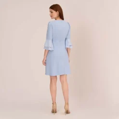 Adrianna Papell Satin Crepe Short Fit-And-Flare Dress With Tiered Bell Sleeves In Elegant Sky -Glam Mirth Sales AP1D104923 AC497 Regular Back