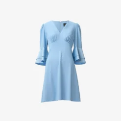 Adrianna Papell Satin Crepe Short Fit-And-Flare Dress With Tiered Bell Sleeves In Elegant Sky -Glam Mirth Sales AP1D104923 AC497 Regular Flat