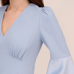 Adrianna Papell Satin Crepe Short Fit-And-Flare Dress With Tiered Bell Sleeves In Elegant Sky -Glam Mirth Sales AP1D104923 AC497 Regular Lifestyle