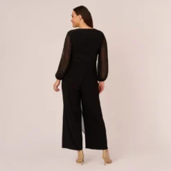 Adrianna Papell Plus Size Long Sleeve Jersey Jumpsuit With Chiffon Details In Black -Glam Mirth Sales AP1D104925 AA002 Plus Back e4fa7bfb 4aa9 4d3d 8145 d00d3c228793
