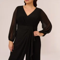 Adrianna Papell Plus Size Long Sleeve Jersey Jumpsuit With Chiffon Details In Black -Glam Mirth Sales AP1D104925 AA002 Plus Detail c61224c9 7ea6 42a8 8453 bf2faa9b2f78