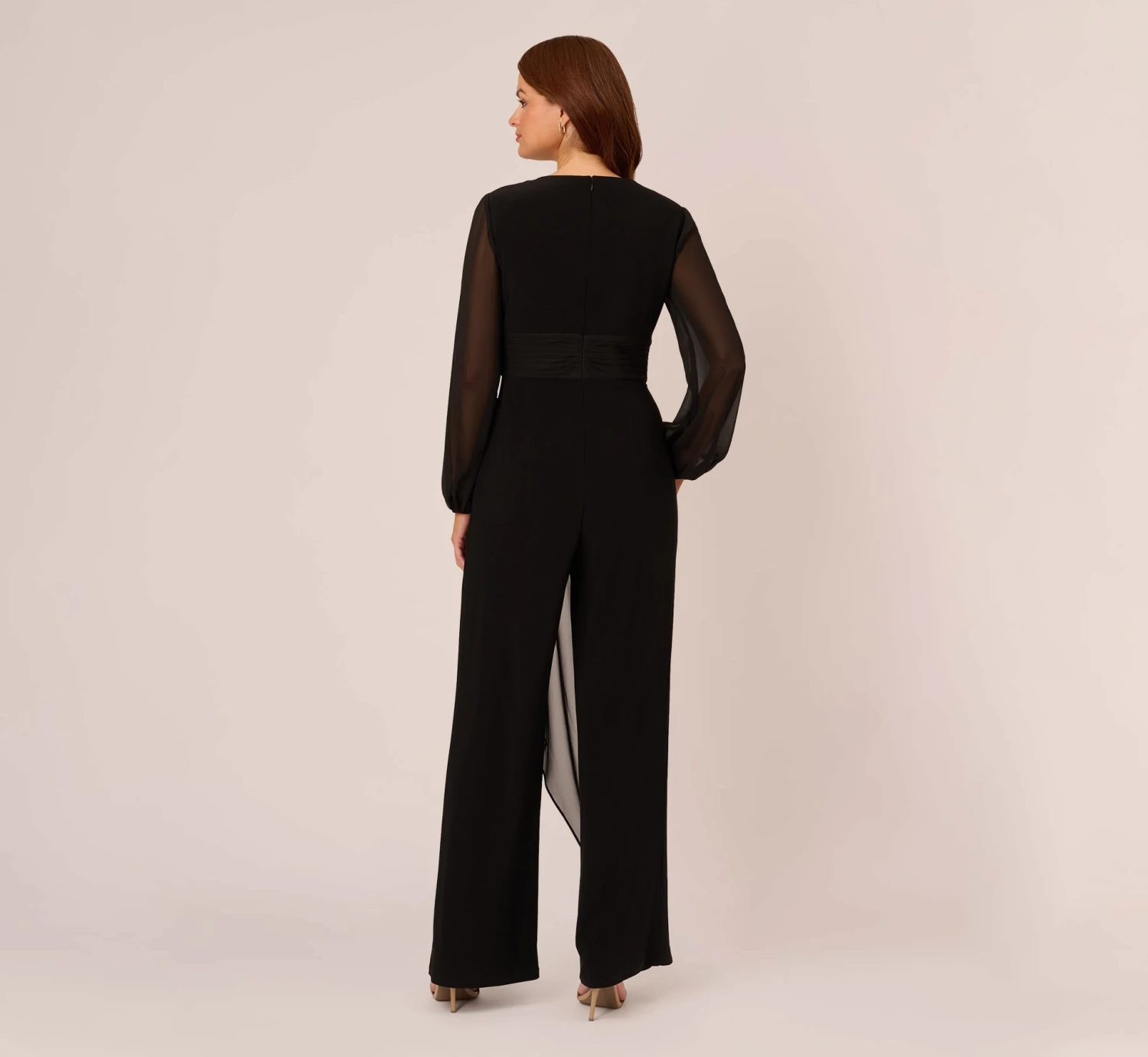 Adrianna Papell Long Sleeve Jersey Jumpsuit With Chiffon Details In Black 4 Adrianna Papell Long Sleeve Jersey Jumpsuit With Chiffon Details In Black - Image 4