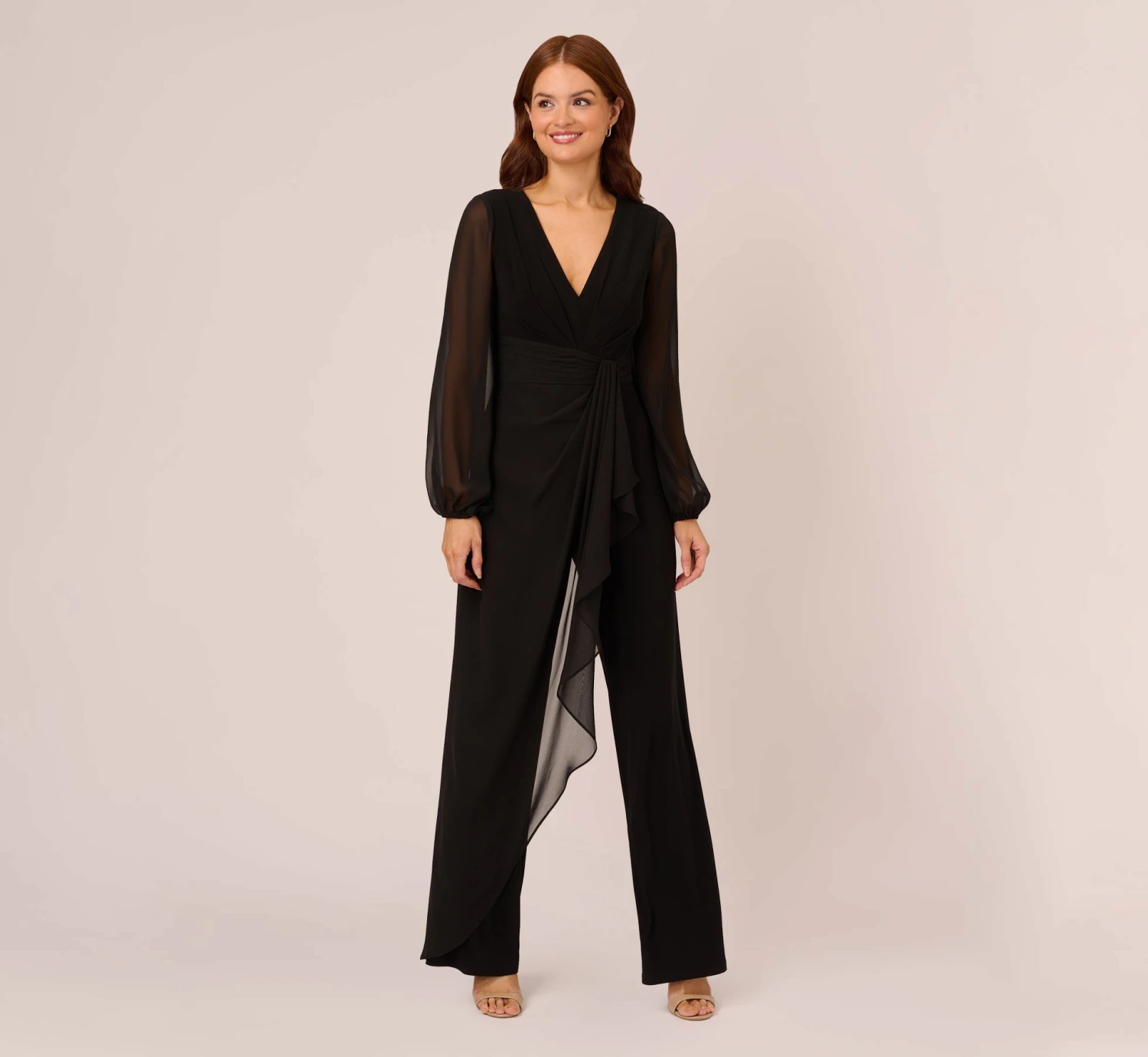 Adrianna Papell Long Sleeve Jersey Jumpsuit With Chiffon Details In Black 1 Adrianna Papell Long Sleeve Jersey Jumpsuit With Chiffon Details In Black