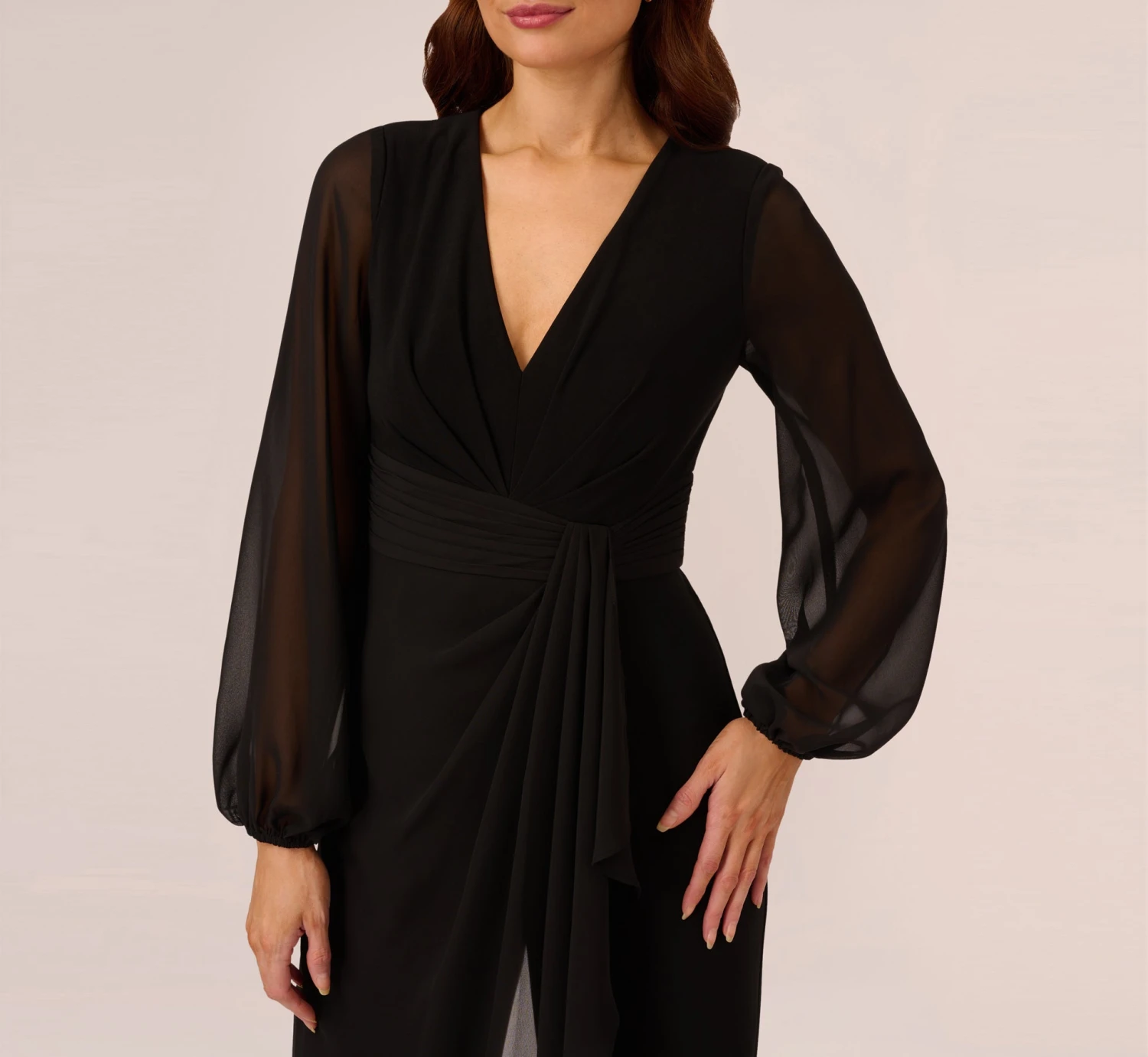 Adrianna Papell Long Sleeve Jersey Jumpsuit With Chiffon Details In Black 3 Adrianna Papell Long Sleeve Jersey Jumpsuit With Chiffon Details In Black - Image 3