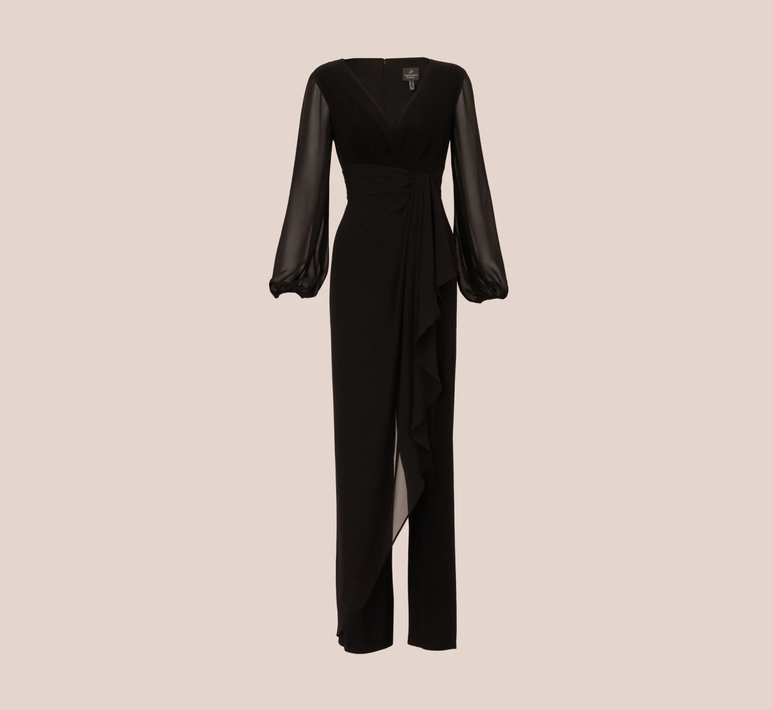 Adrianna Papell Long Sleeve Jersey Jumpsuit With Chiffon Details In Black 7 Adrianna Papell Long Sleeve Jersey Jumpsuit With Chiffon Details In Black - Image 7