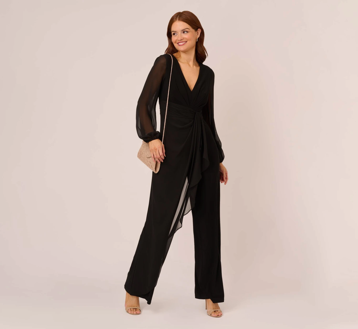 Adrianna Papell Long Sleeve Jersey Jumpsuit With Chiffon Details In Black 2 Adrianna Papell Long Sleeve Jersey Jumpsuit With Chiffon Details In Black - Image 2