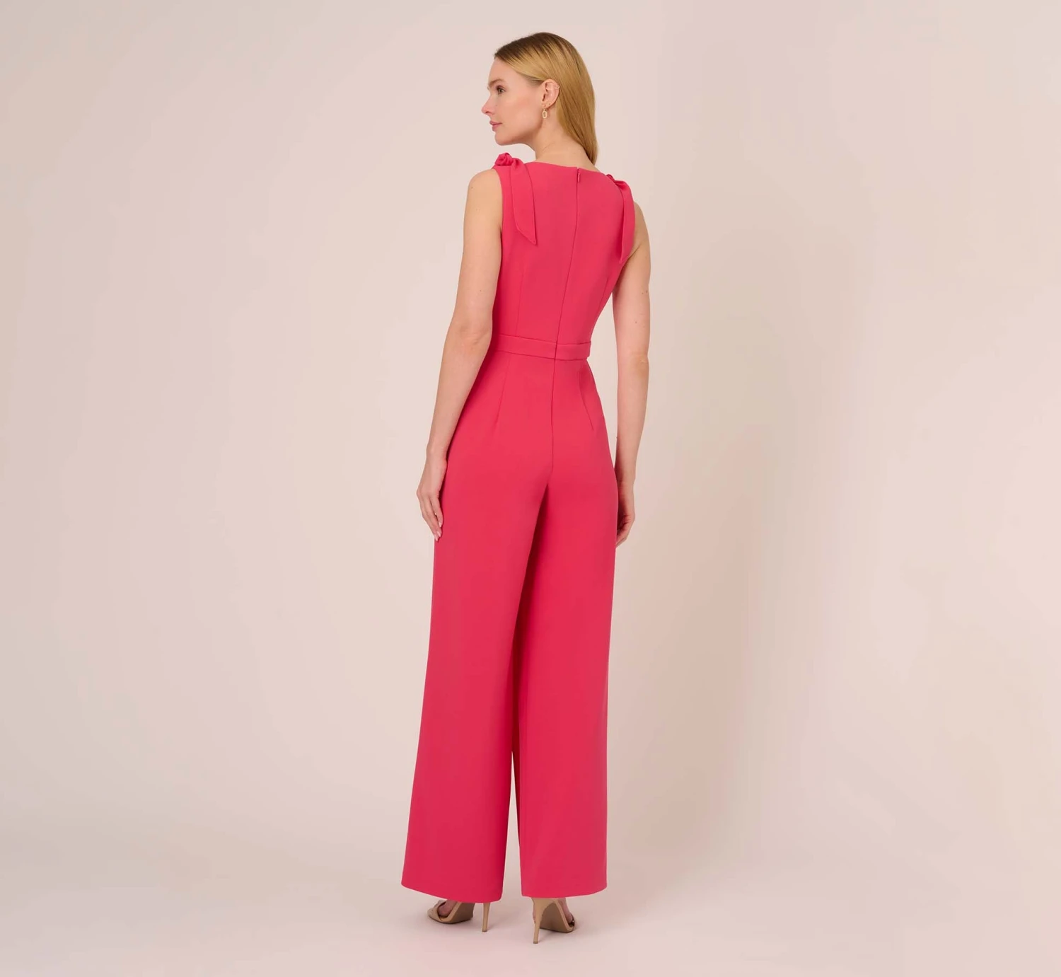 Adrianna Papell Stretch Knit Crepe Faux Wrap Wide Leg Jumpsuit With Overlay In Pink Lotus 4 Adrianna Papell Stretch Knit Crepe Faux Wrap Wide Leg Jumpsuit With Overlay In Pink Lotus - Image 4