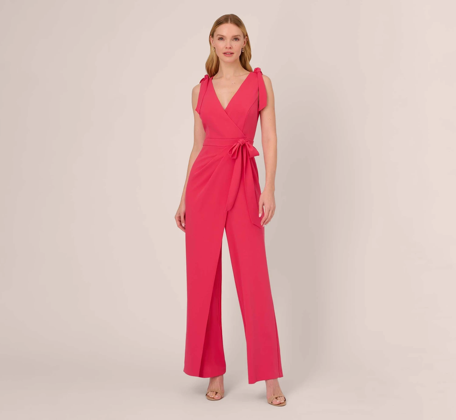 Adrianna Papell Stretch Knit Crepe Faux Wrap Wide Leg Jumpsuit With Overlay In Pink Lotus 1 Adrianna Papell Stretch Knit Crepe Faux Wrap Wide Leg Jumpsuit With Overlay In Pink Lotus