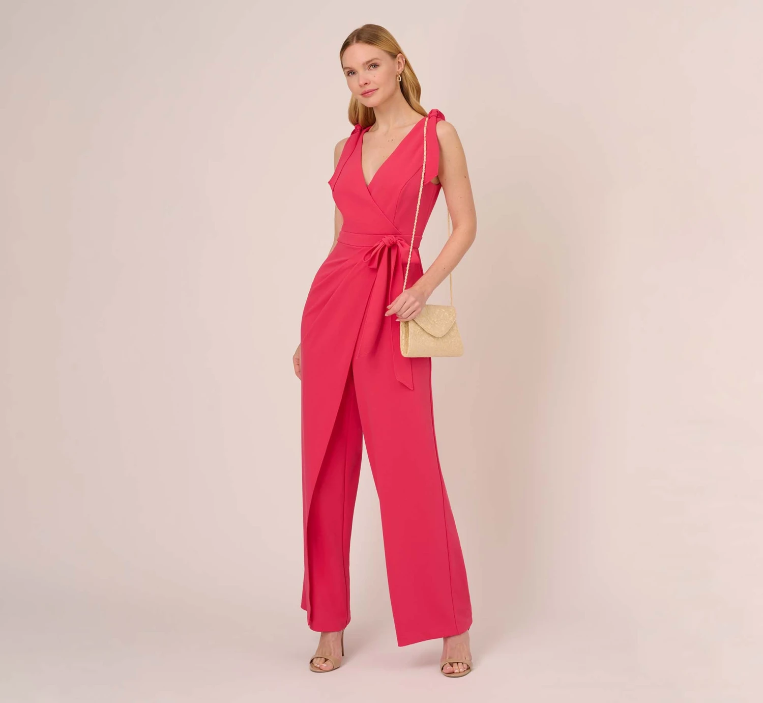 Adrianna Papell Stretch Knit Crepe Faux Wrap Wide Leg Jumpsuit With Overlay In Pink Lotus 2 Adrianna Papell Stretch Knit Crepe Faux Wrap Wide Leg Jumpsuit With Overlay In Pink Lotus - Image 2