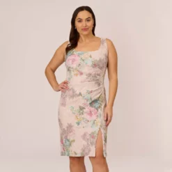 Adrianna Papell Plus Size Floral Matelasse Sheath Dress With Draped Details In Marble Multi
