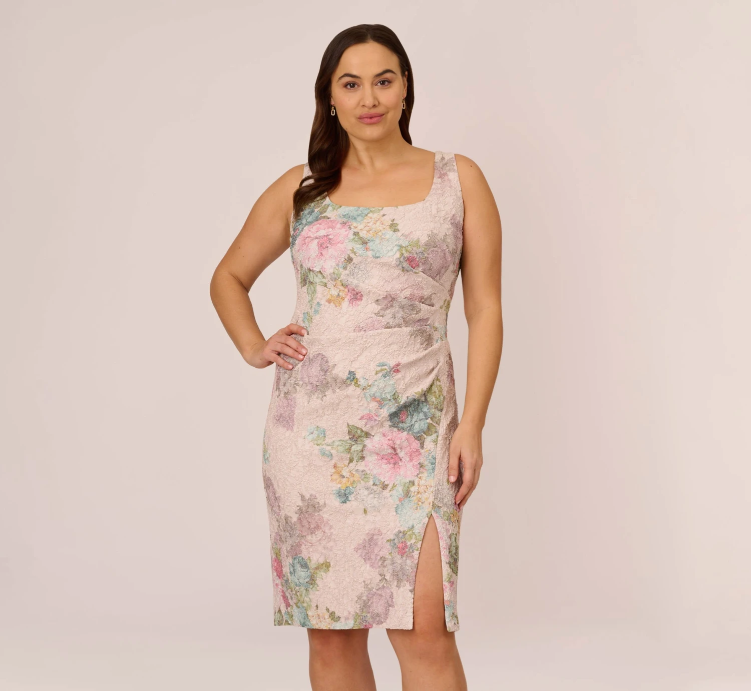 Adrianna Papell Plus Size Floral Matelasse Sheath Dress With Draped Details In Marble Multi 1 Adrianna Papell Plus Size Floral Matelasse Sheath Dress With Draped Details In Marble Multi