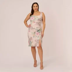 Adrianna Papell Plus Size Floral Matelasse Sheath Dress With Draped Details In Marble Multi 13 Adrianna Papell Plus Size Floral Matelasse Sheath Dress With Draped Details In Marble Multi -Glam Mirth Sales AP1D104940 AA291 Plus Front