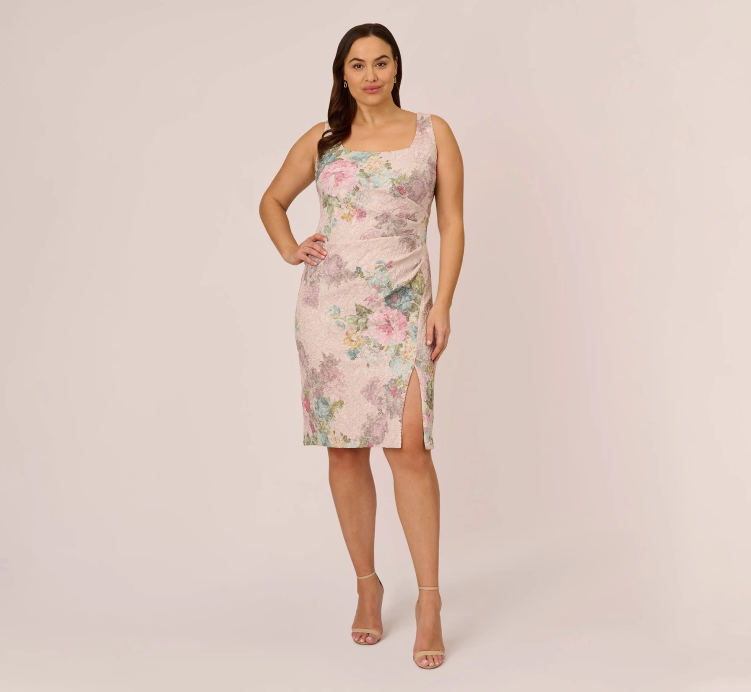 Adrianna Papell Plus Size Floral Matelasse Sheath Dress With Draped Details In Marble Multi 7 Adrianna Papell Plus Size Floral Matelasse Sheath Dress With Draped Details In Marble Multi - Image 7