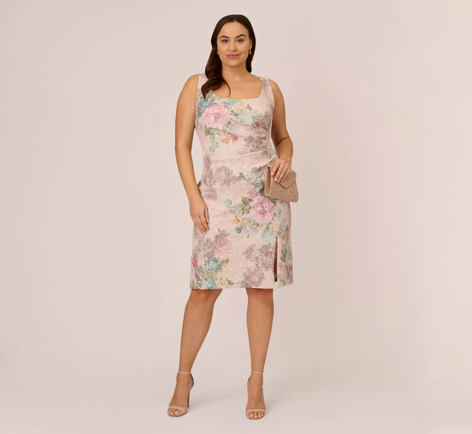 Adrianna Papell Plus Size Floral Matelasse Sheath Dress With Draped Details In Marble Multi 2 Adrianna Papell Plus Size Floral Matelasse Sheath Dress With Draped Details In Marble Multi - Image 2