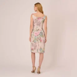 Adrianna Papell Floral Matelasse Sheath Dress With Draped Details In Marble Multi 10 Adrianna Papell Floral Matelasse Sheath Dress With Draped Details In Marble Multi -Glam Mirth Sales AP1D104940 AA291 Regular Back
