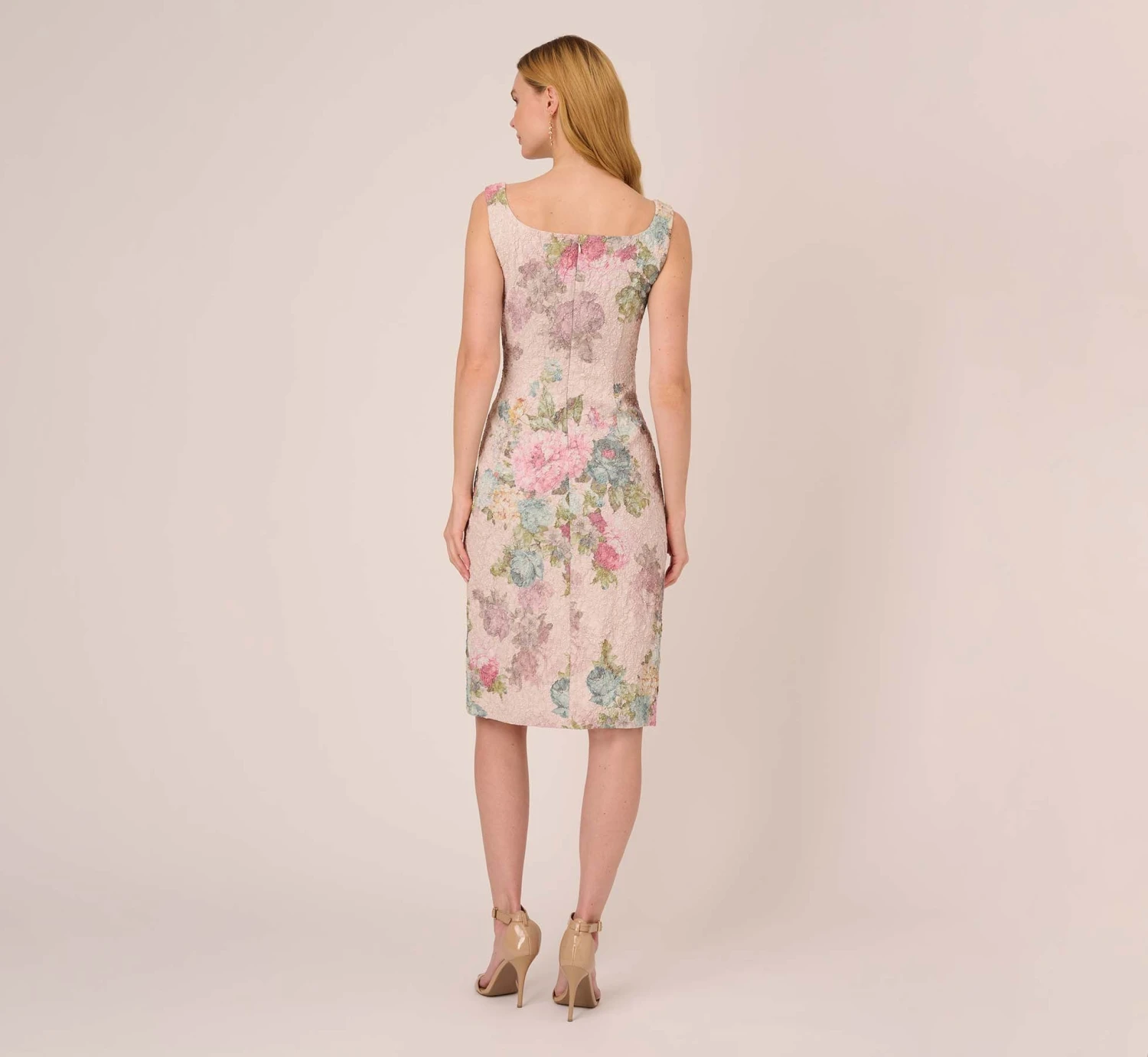 Adrianna Papell Floral Matelasse Sheath Dress With Draped Details In Marble Multi 3 Adrianna Papell Floral Matelasse Sheath Dress With Draped Details In Marble Multi - Image 3