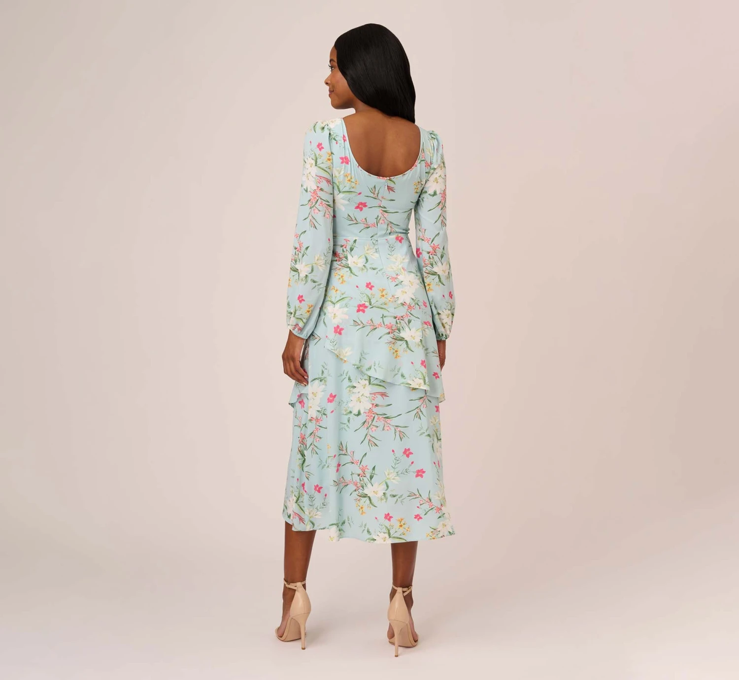 Adrianna Papell Floral Print Stretch Chiffon Tiered Ruffled Midi-Length Dress In Mint Smoke 4 Adrianna Papell Floral Print Stretch Chiffon Tiered Ruffled Midi-Length Dress In Mint Smoke - Image 4