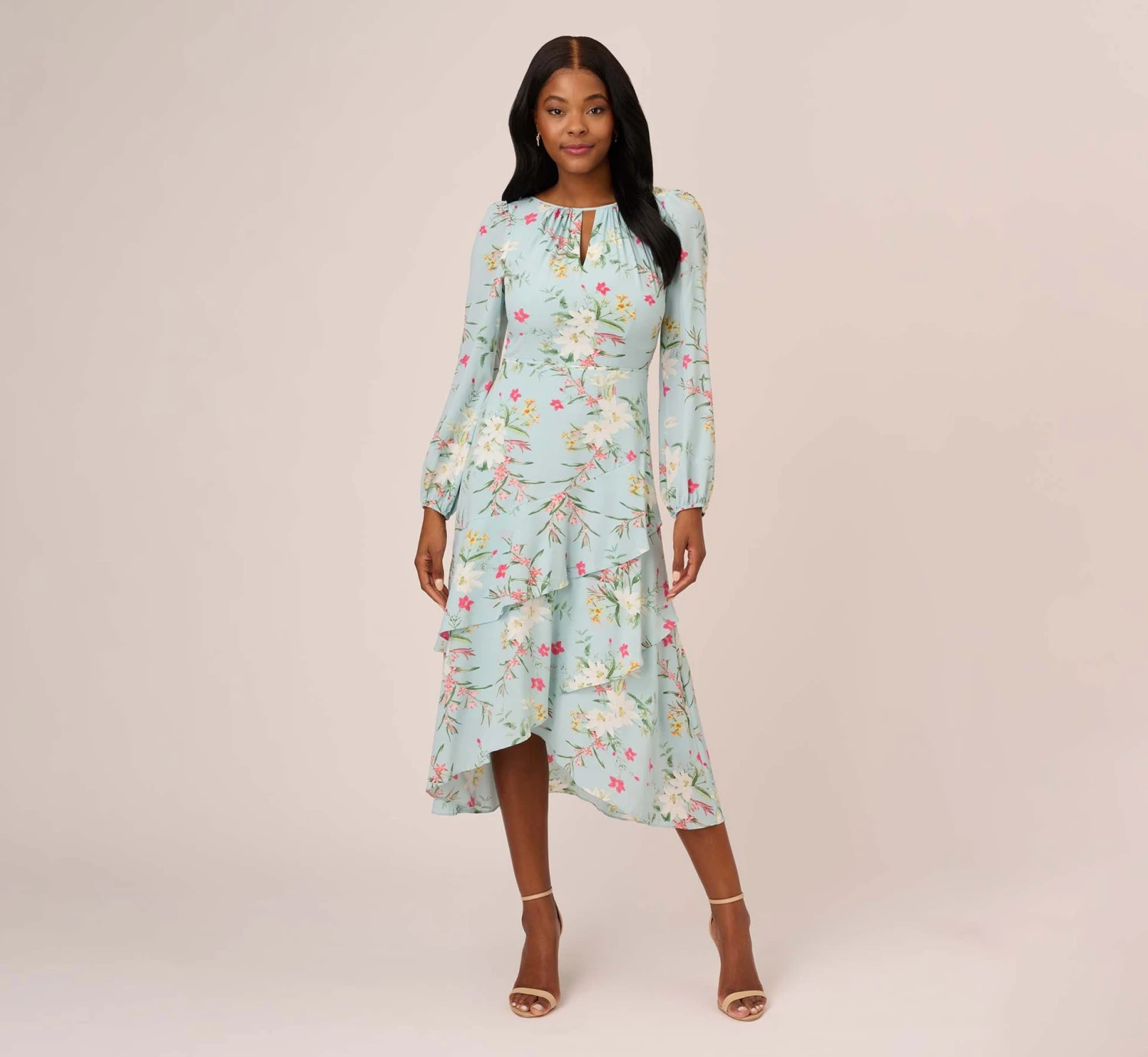 Adrianna Papell Floral Print Stretch Chiffon Tiered Ruffled Midi-Length Dress In Mint Smoke 2 Adrianna Papell Floral Print Stretch Chiffon Tiered Ruffled Midi-Length Dress In Mint Smoke - Image 2