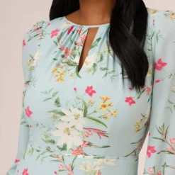 Adrianna Papell Floral Print Stretch Chiffon Tiered Ruffled Midi-Length Dress In Mint Smoke 9 Adrianna Papell Floral Print Stretch Chiffon Tiered Ruffled Midi-Length Dress In Mint Smoke -Glam Mirth Sales AP1D104953 AH484 Regular Detail