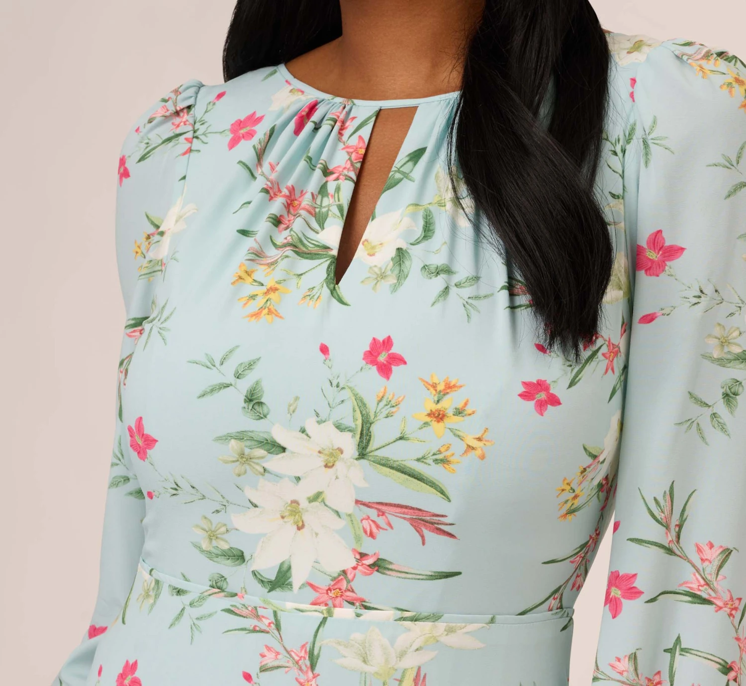 Adrianna Papell Floral Print Stretch Chiffon Tiered Ruffled Midi-Length Dress In Mint Smoke 3 Adrianna Papell Floral Print Stretch Chiffon Tiered Ruffled Midi-Length Dress In Mint Smoke - Image 3