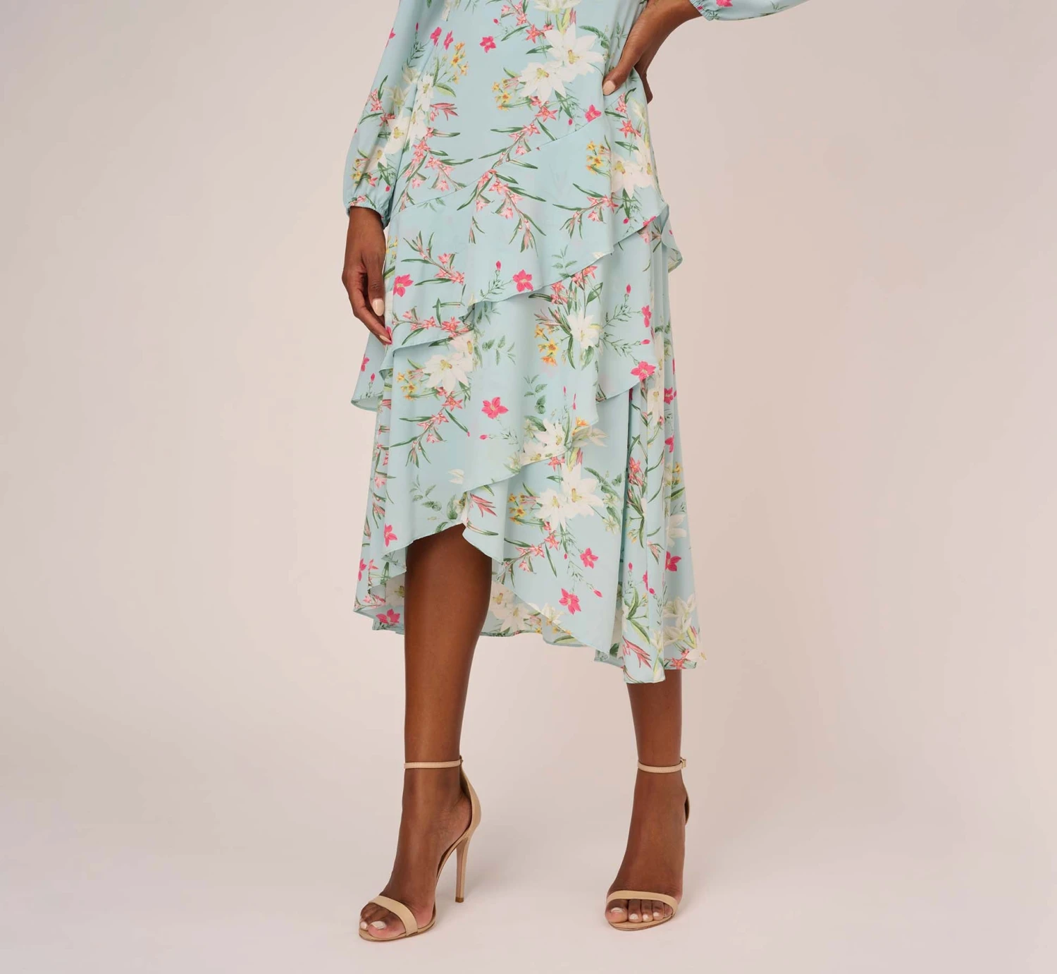 Adrianna Papell Floral Print Stretch Chiffon Tiered Ruffled Midi-Length Dress In Mint Smoke 5 Adrianna Papell Floral Print Stretch Chiffon Tiered Ruffled Midi-Length Dress In Mint Smoke - Image 5