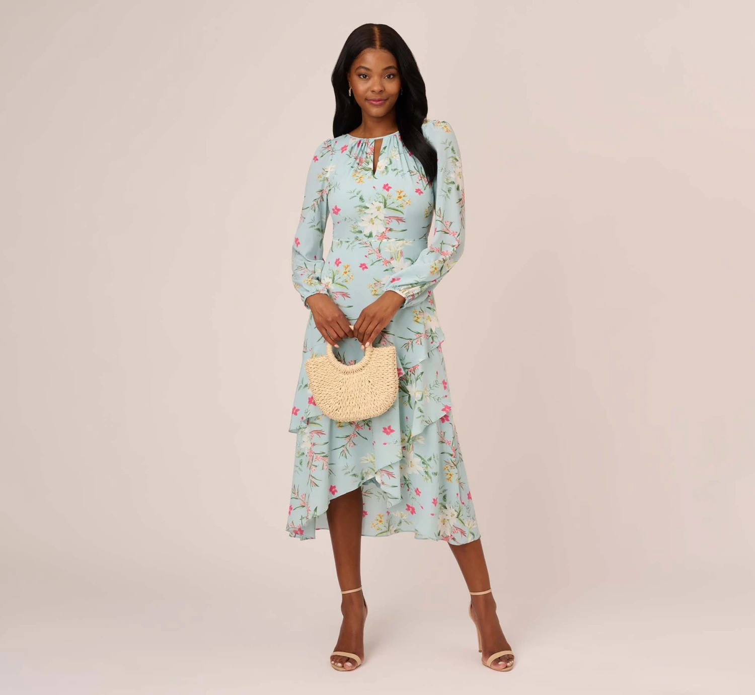 Adrianna Papell Floral Print Stretch Chiffon Tiered Ruffled Midi-Length Dress In Mint Smoke 1 Adrianna Papell Floral Print Stretch Chiffon Tiered Ruffled Midi-Length Dress In Mint Smoke
