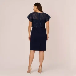 Adrianna Papell Plus Size Sequined Guipure Lace Popover Stretch Knit Crepe Short Sheath Dress In Navy -Glam Mirth Sales AP1D104957 AC412 Plus Back