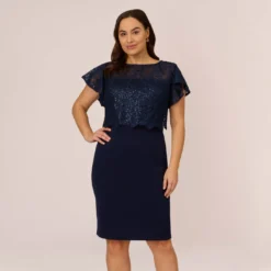 Adrianna Papell Plus Size Sequined Guipure Lace Popover Stretch Knit Crepe Short Sheath Dress In Navy