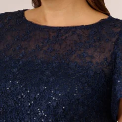 Adrianna Papell Plus Size Sequined Guipure Lace Popover Stretch Knit Crepe Short Sheath Dress In Navy -Glam Mirth Sales AP1D104957 AC412 Plus Detail