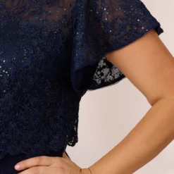 Adrianna Papell Plus Size Sequined Guipure Lace Popover Stretch Knit Crepe Short Sheath Dress In Navy -Glam Mirth Sales AP1D104957 AC412 Plus Lifestyle