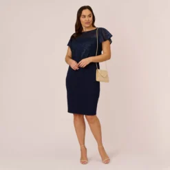 Adrianna Papell Plus Size Sequined Guipure Lace Popover Stretch Knit Crepe Short Sheath Dress In Navy -Glam Mirth Sales AP1D104957 AC412 Plus Side